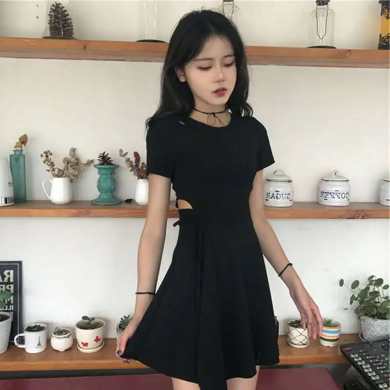 Summer Women's Clothes Round Neck Short Sleeves Solid Color Cutout Slim-fit Ruffled Dress Woman | Мать и ребенок