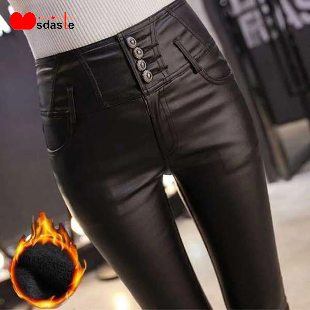 High Waist Women Leggings PU Leather Legging Thick Winter Wear Female Warm Streetwear Pants 2019 New Fashion Lady Trousers | Женская