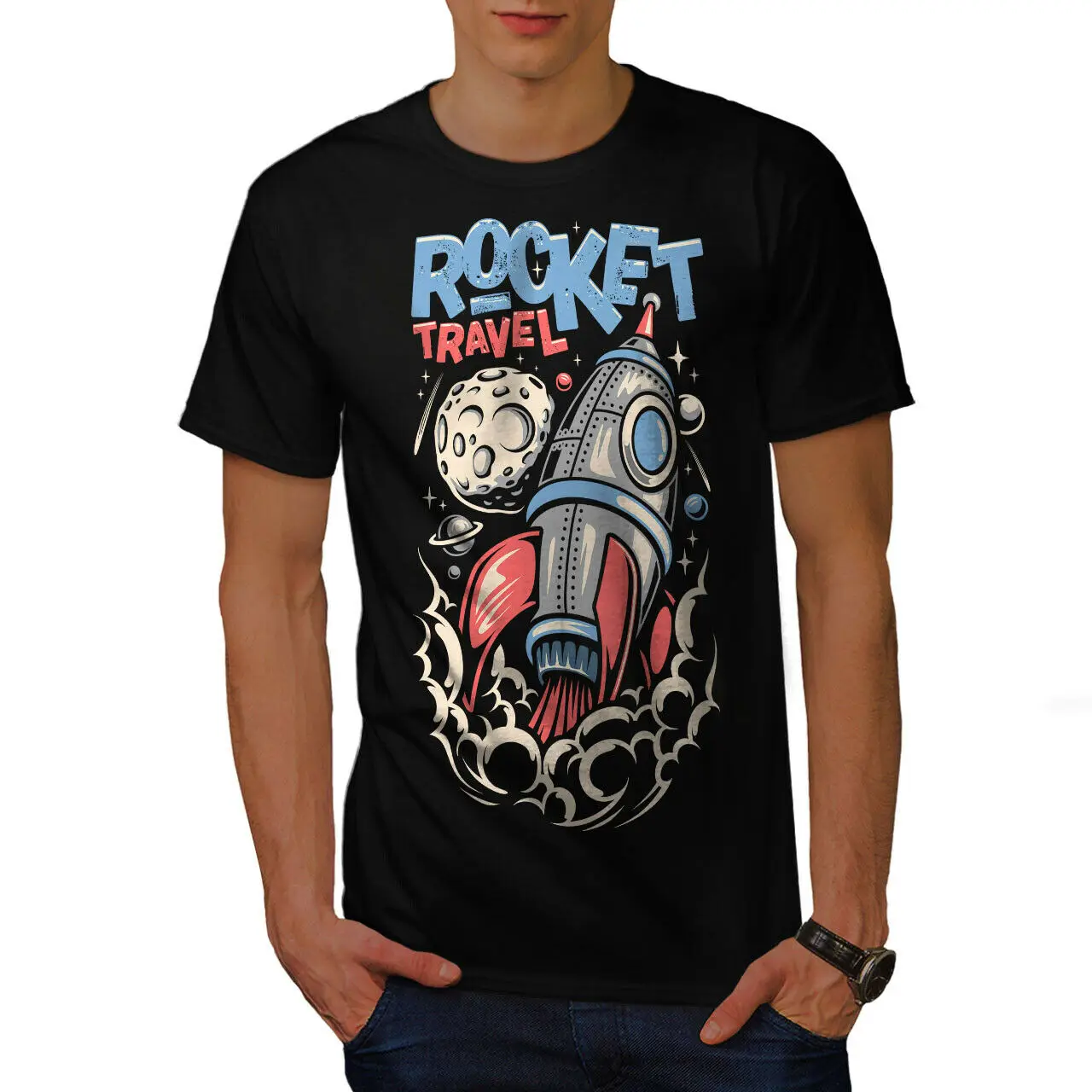 

Moon Space Rocket Travel Cartoon Graphic Printed T-Shirt. Summer Cotton Short Sleeve O-Neck Mens T Shirt New S-3XL