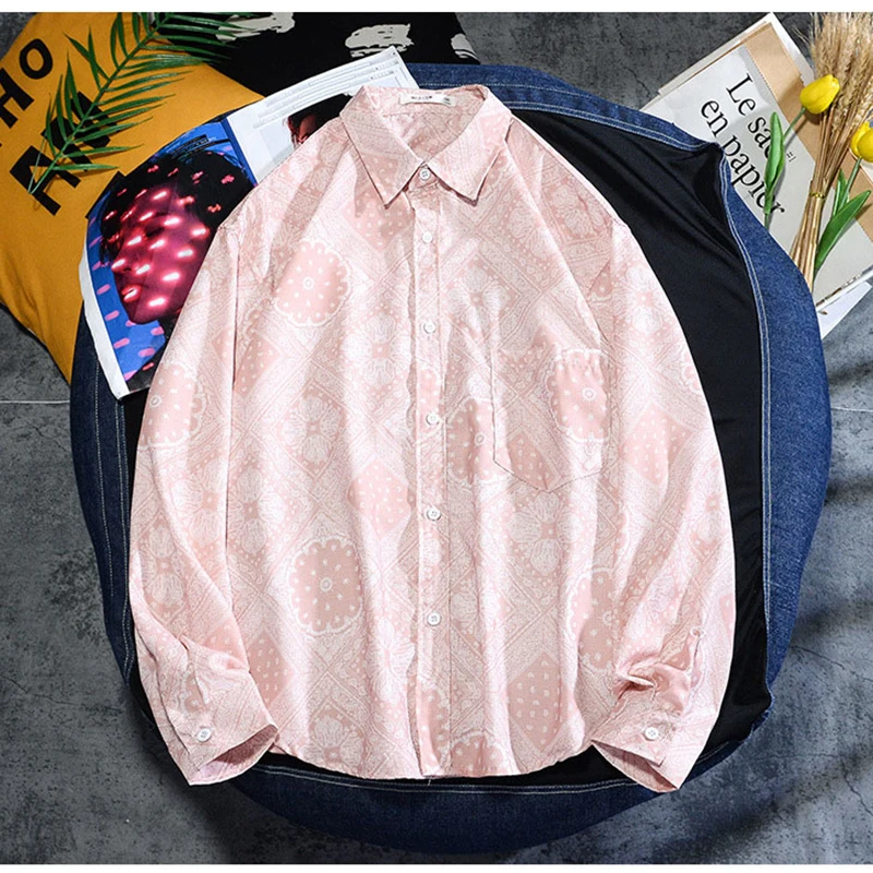 

New men's shirt punk top Korean ins printed long sleeve wide loose shirt beach cardigan casual jacket