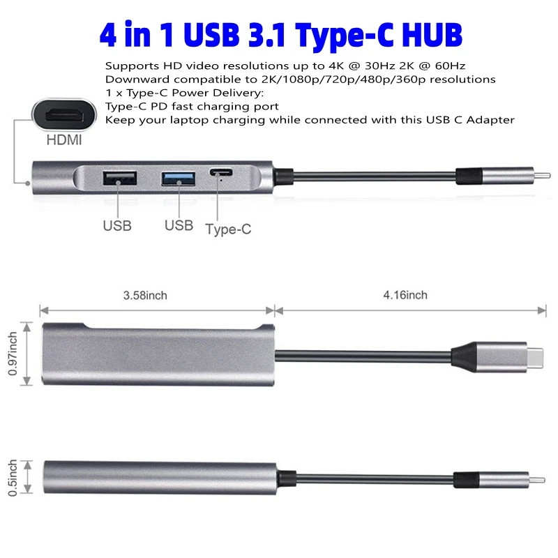 4 в 1 USB концентратор Тип C адаптер для HDMI PD порт конвертер MacBook Pro Huawei P20 Mate 20 3