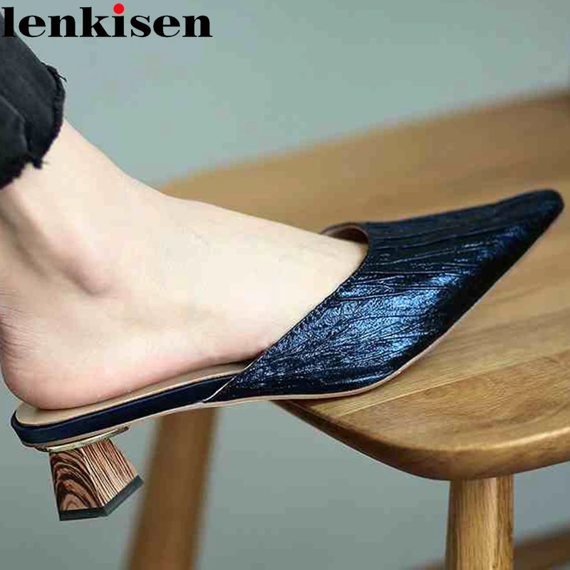 

Lenkisen new european style gorgeous shiny slip on mules pointed toe high strange heels gentlewomen dance party women pumps L2f8