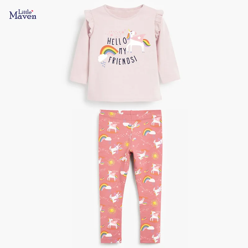 

Осенняя одежда для маленьких девочек Little Maven 2021, хлопковая Футболка с радужным принтом букв для малышей и единорогов + радужные штаны, Детски...