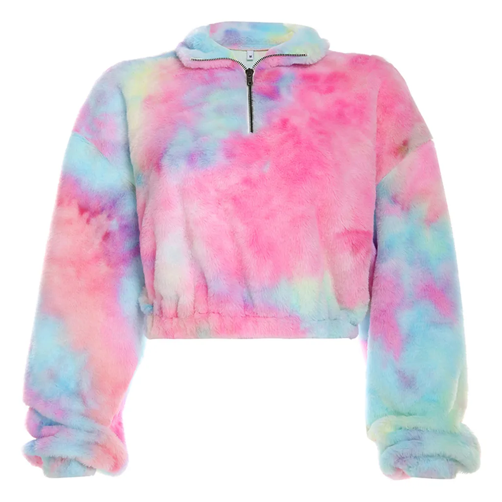 Женская Радужная Толстовка Tie Dye Teddy уличная одежда с длинным рукавом из искусственного меха флисовые Топы плюшевый пуловер больших размеров Sudadera Mujer