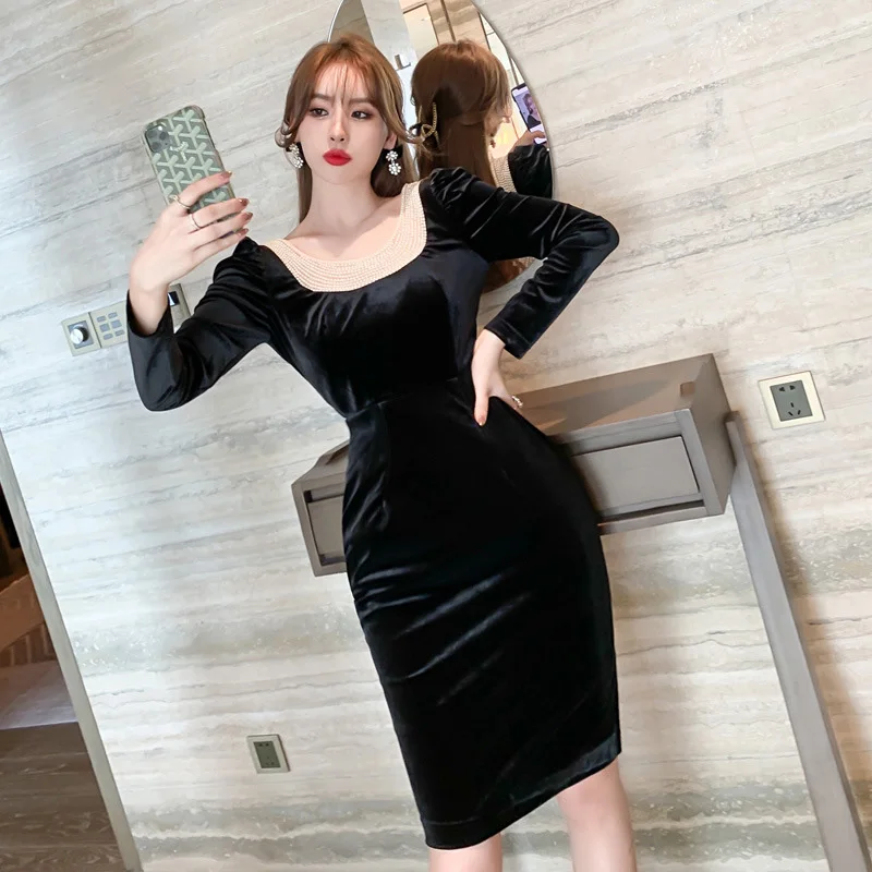 

Luxury Audrey Hepburn Black Dress Beaded Velvet Slim Dresses Office Lady Paty Club Vestidos Fashion Women Clothes