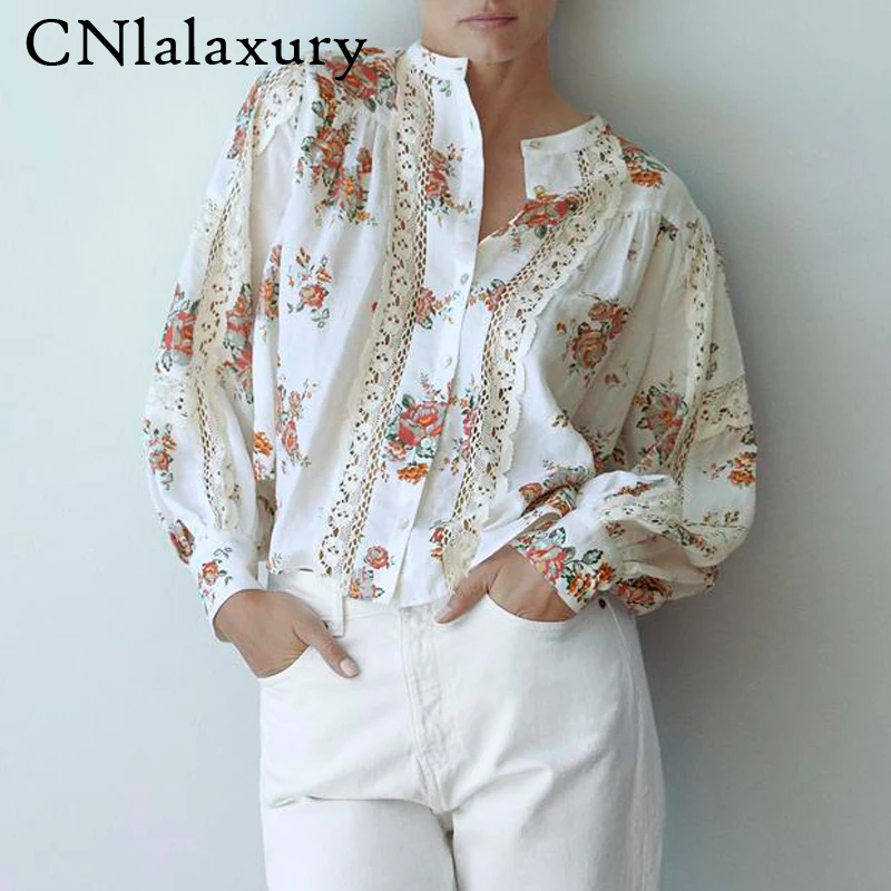 

Women 2020 Fashion Lace Patchwork Floral Print Blouse Vintage Puff Sleeve Female Shirts Blusas mujer Chic Tops blusa feminina