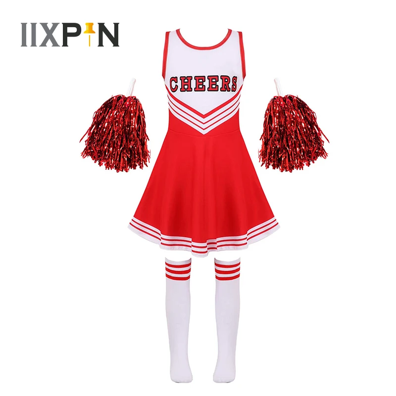 Kids Girls Cheerleader Costume School Child Cheer Uniform Outfit Sleeveless Dance Dress With Cheerleading Flower And Socks Set