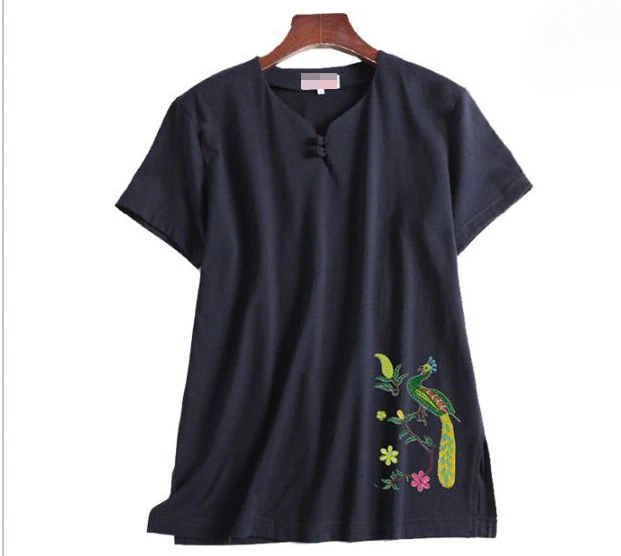 Летние хлопковые рубашки с вышивкой в виде павлина коротким рукавом стиле