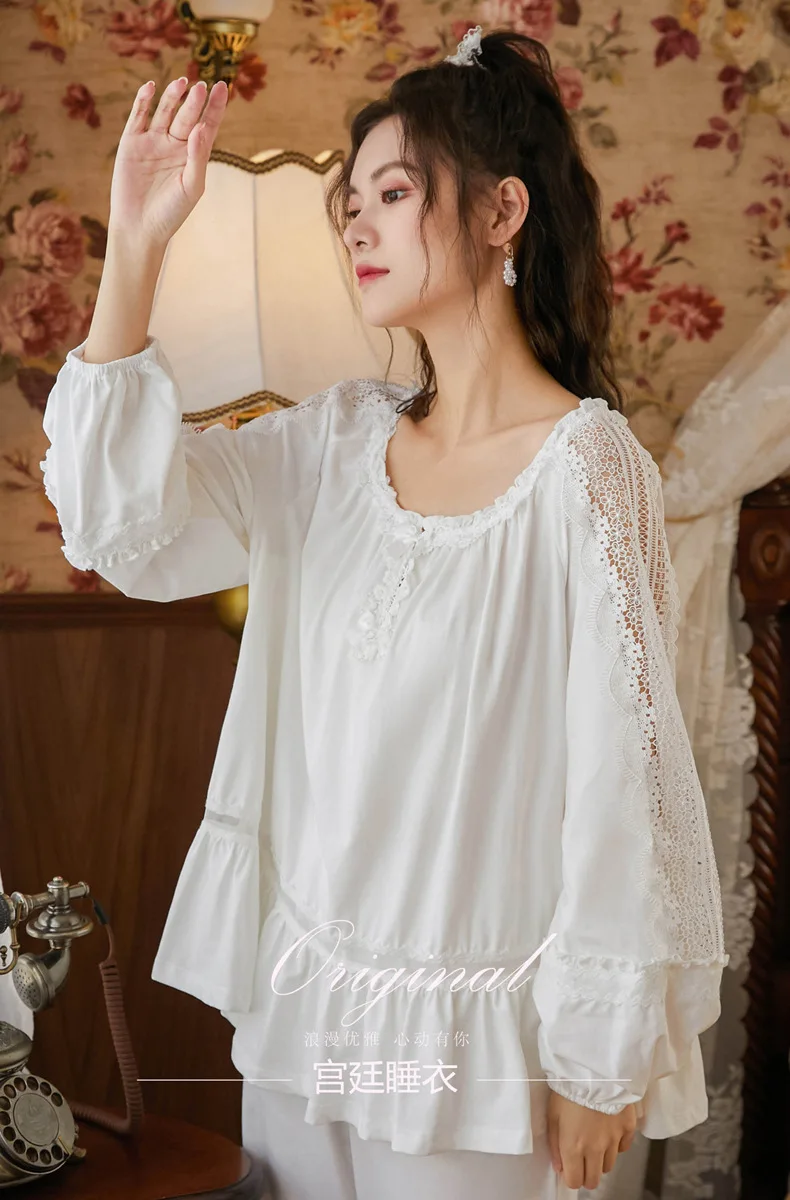 

Elegant Pajamas Set Spring and Autumn Cotton Vintage Loose Plus Size Court Style Sleepwear Hollow Long-Sleeved Homewear
