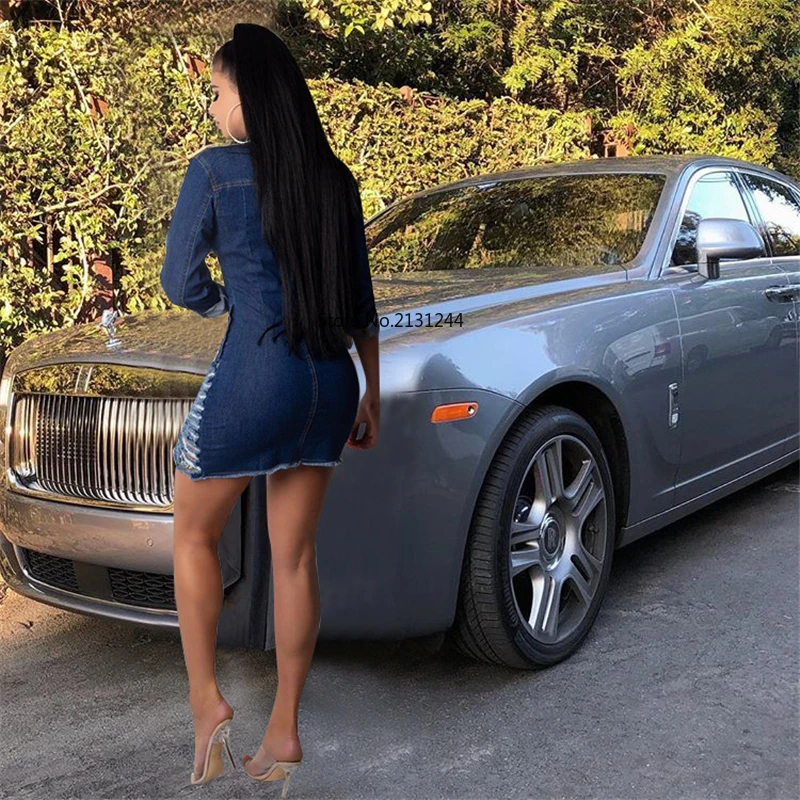 Женское сексуальное джинсовое платье с дырками и пуговицами отложной воротник