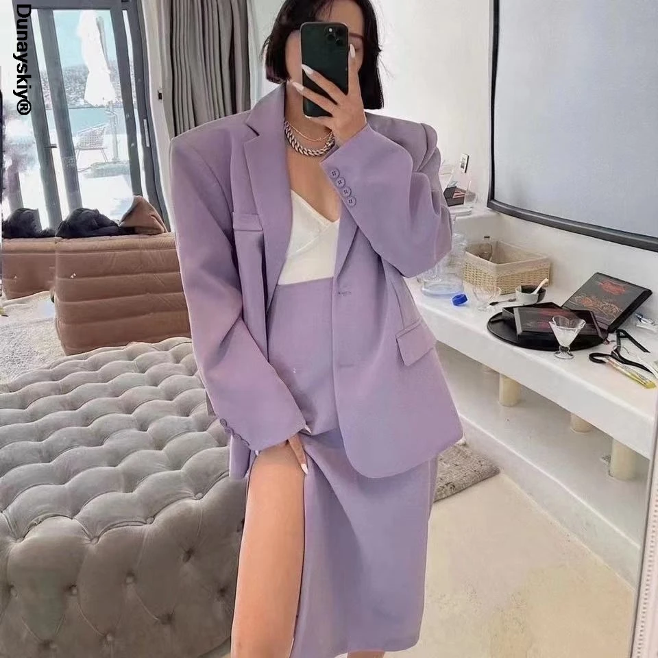 

Spring Women Purple Skirt Suit 2021 Elegant Single-breasted Suit Jacket & Split Pencil Skirt Summer Ladies Blazer Set