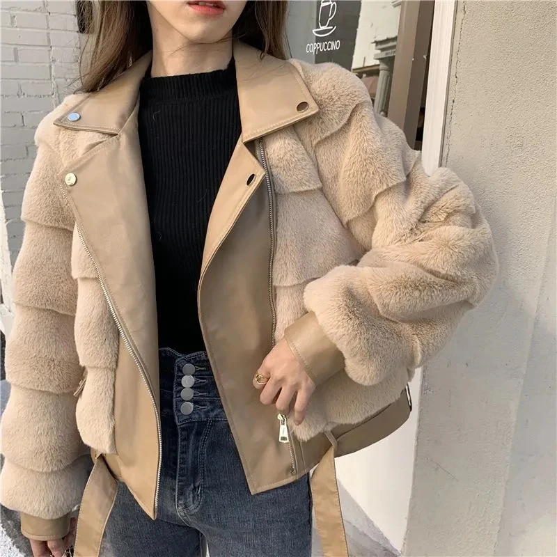 

Winter Pu Leather Stitching High Quality Mink Fur Faux Fur Coat All-match Warm Streetwear Women Jacket New Luxury Designer Coat