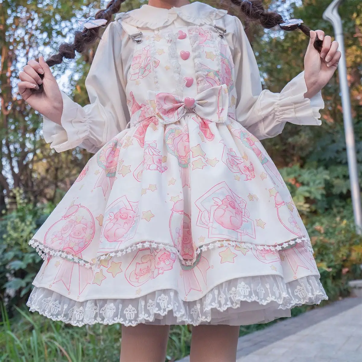 

Japanese Sweet Kawaii Jsk Lolita Dress Women Vintage Victorian Gothic Cartoon Sleeveless Bow Lace Princess Tea Party Dresses