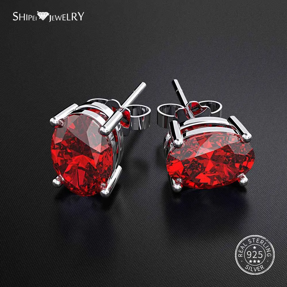 Ruby Shipei 925 пробы серебряные ювелирные изделия Сапфир Изумруд Рубин гипоаллергенные овальные серьги-гвоздики для женщин подарок на день рождения - Цвет камня: Ruby