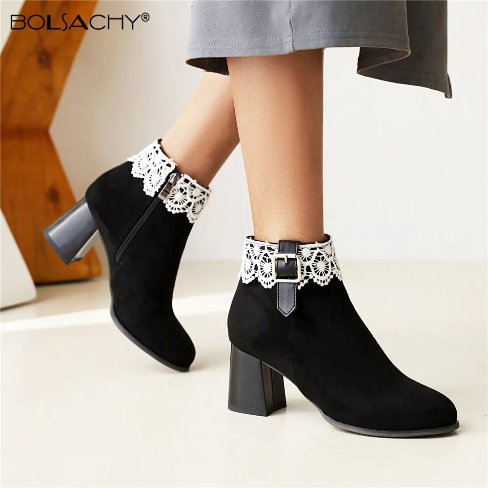 

Plus Size 33-43 Winter Casual Women Pumps Ankle Boots Flock High Heels 2021 Shoes Side Zip Buckle Lace Botas Mujer Black Pink