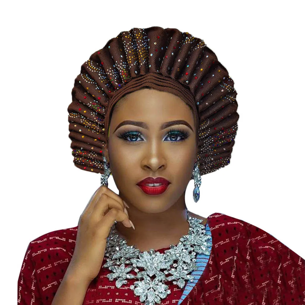 Высокое качество aso oke gele африканские головные уборы с камнями - Цвет: coffee
