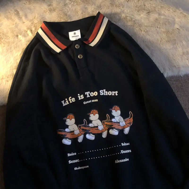 

Women Sweatshirts Autumn Casual Vintage Letter Bear Print Striped Patchwork Polo Collar Harajuku Oversized Hooded Pullover Tops