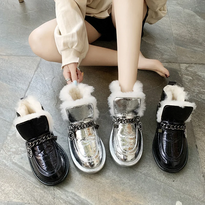 Европейская станция яркие металлические ботинки из меха ягненка зимние