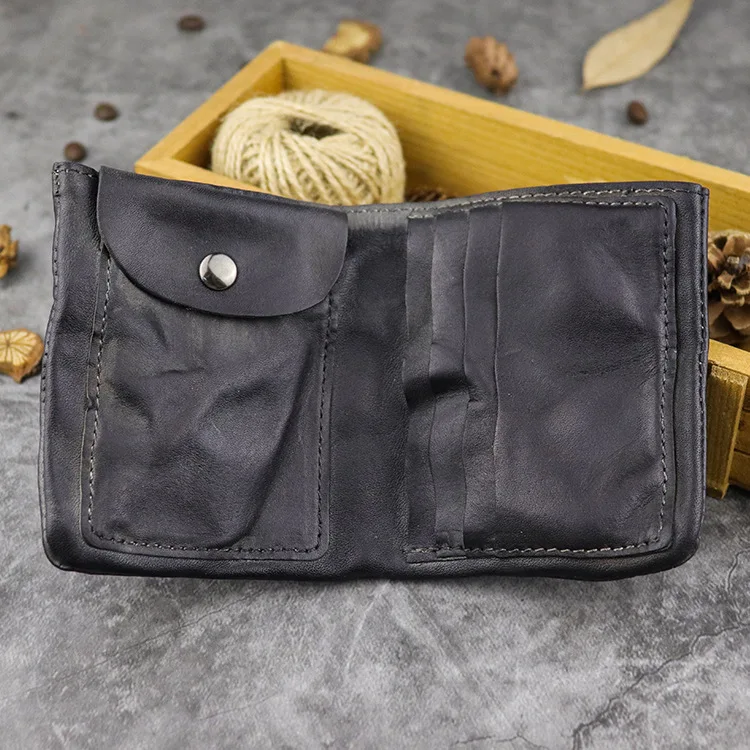 Charcoal Grey Винтажный кошелек ручной работы для мужчин из натуральной воловьей кожи Короткие Двойные кошельки Кошелек держатель для карт с монетницей Карманный Кошелек мужской - Цвет: Charcoal Grey