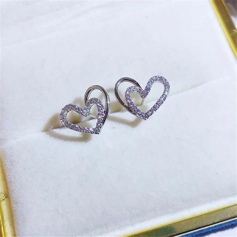 

925 Sterling Silver Zircon Heart Stud Earring For Women Girls Wedding Christmas Party Elegant Korean Jewelry Pendientes eh765
