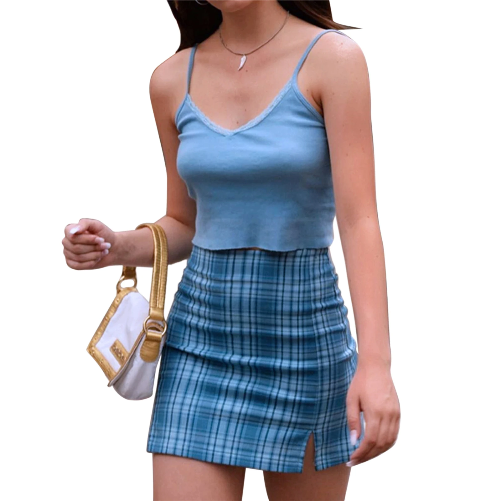 

Female A-Line Skirt, Plaid High Waist Package Hip Skirt Short Dress for Summer Autumn, Blue, S/M/L