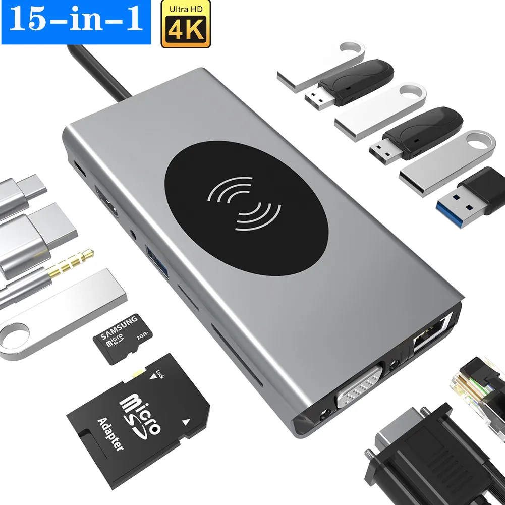 

15 in 1 USB 3.0 Type C Adapter Hub to HDMI-compatible VGA reader 3.5mm audio output charging USB C for Macbook huawei matebook