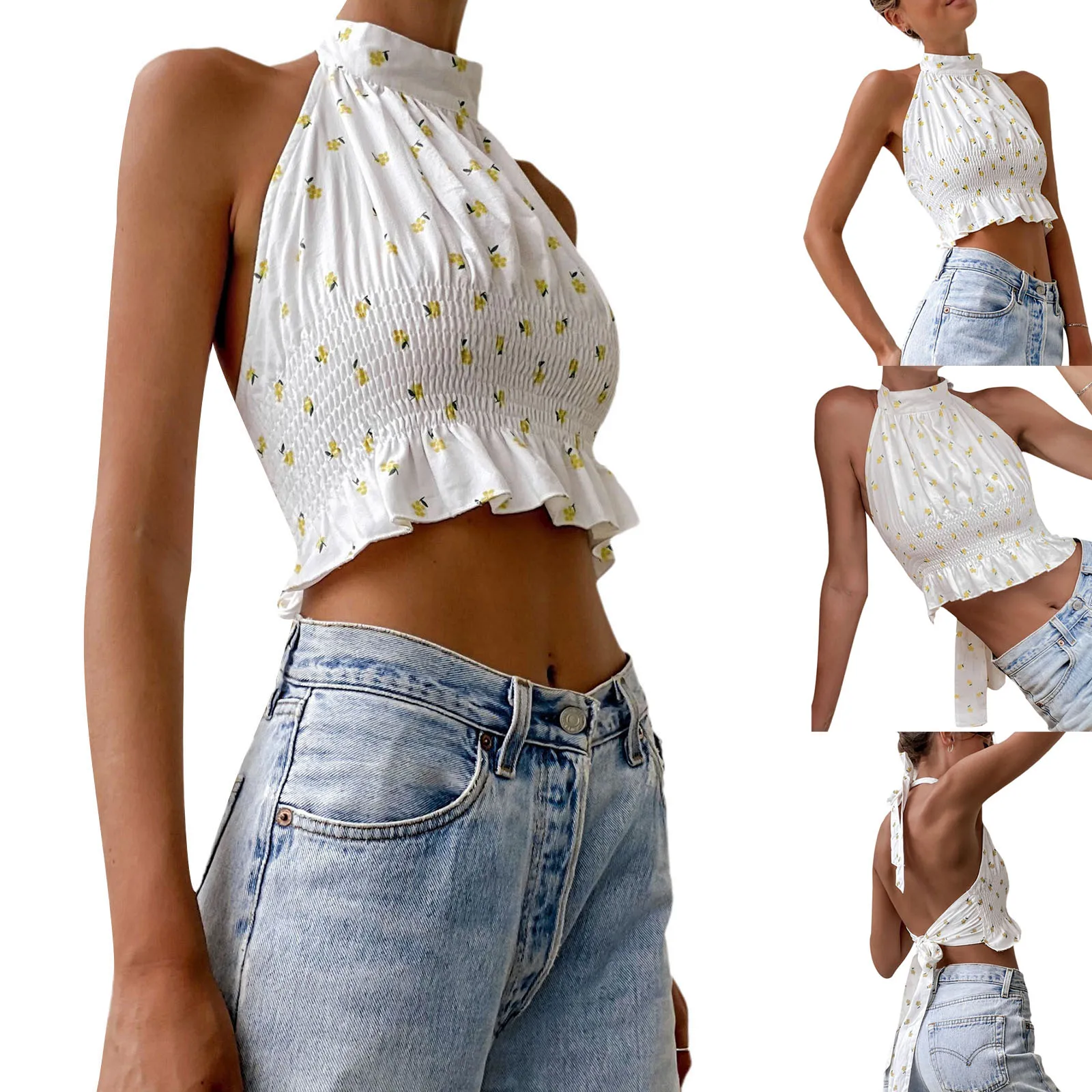 

Женская майка с цветочным принтом, кружевной топ без рукавов, с открытой спиной и вырезом-лодочкой, лето 2021