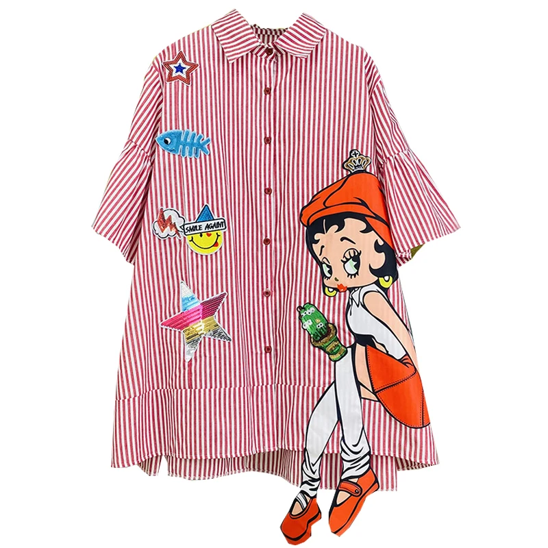 

Large Size Shirt Women's Spring and Summer Cartoon Printed Mid-Length Shirt Loose Slimming Belly-Covered Cute Age-Reducing Dress