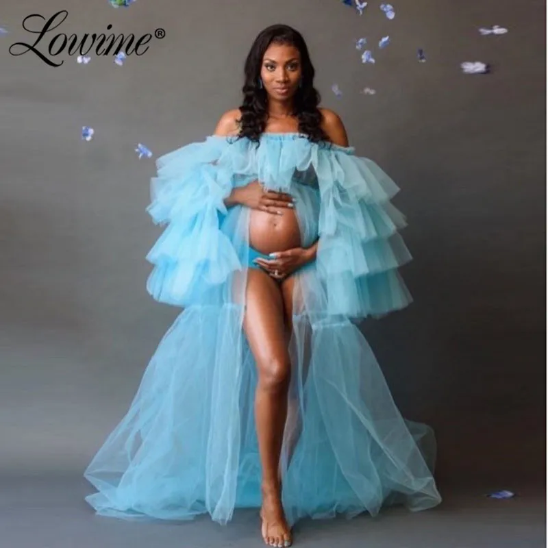 Небесно-голубое вечернее платье 2020 с длинными рукавами и оборками африканская