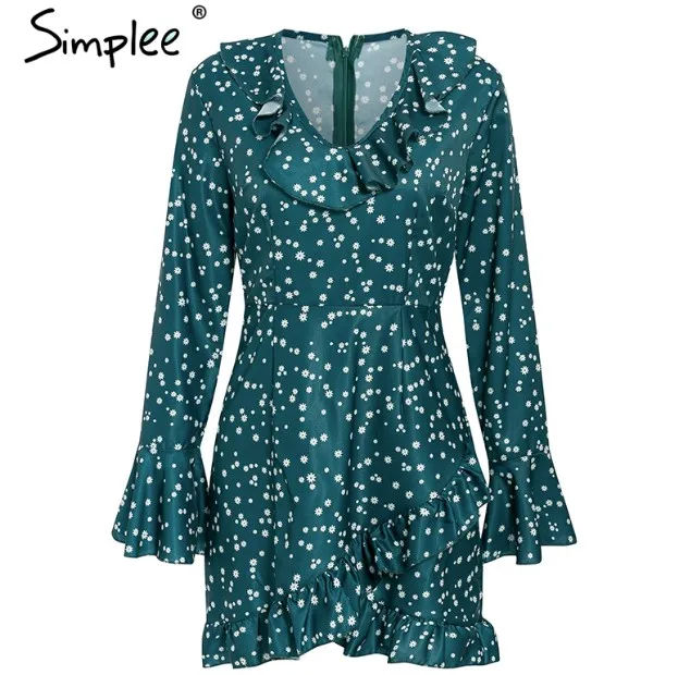 Simplee Sexy v-образным вырезом женщин праздничное платье с рюшами и высокой талией с цветочным принтом A-Line с длинным рукавом дамы осень-зима мини-платье - Цвет: Зеленый