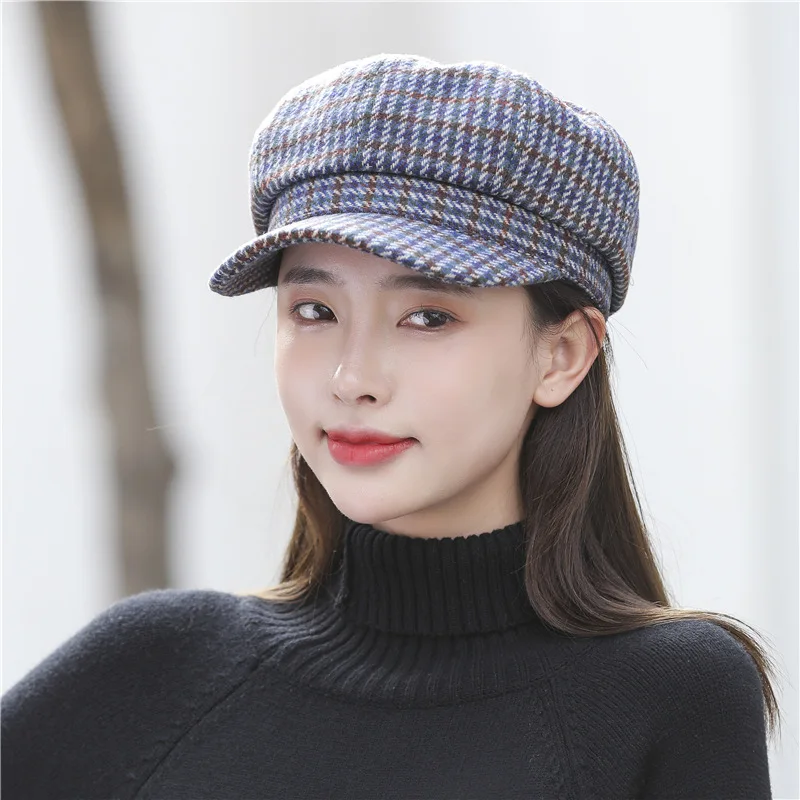 

Hat For Womens Hats Fashionable Korean Style Beret Octagonal Hat Women's Tweed Japanese Lattice Thermal Net Red British