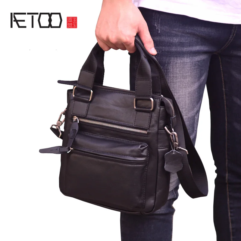 AETOO Men's leather bag, vertical business casual shoulder-length span bag, head leather men's briefcase