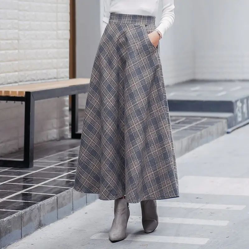 Женская винтажная клетчатая длинная юбка в японском стиле шерстяная на молнии с