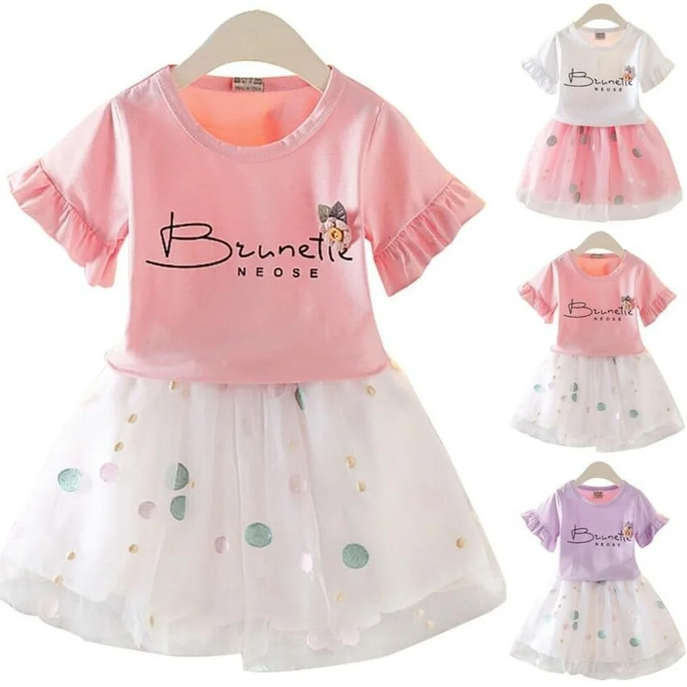

Girls Short Sleeved Dress Summer Kids Lovely Letter Printed Ruffle Sleeve T-shirt Stitched Round Sequin Mesh Skirt Fashion Suit
