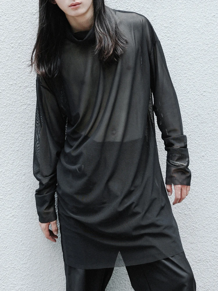 

Men's Long-Sleeve T-Shirt Early Autumn New Runway Show Sexy Perspective Loose Long Fashion Stand-Up Collar Bottom Shirt T-Shirt
