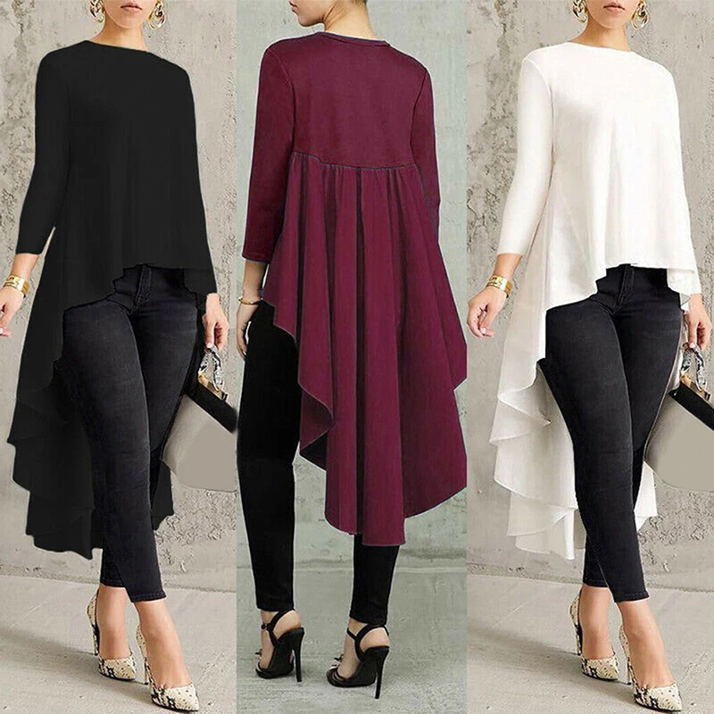 

2020 New Fashion Women Dress Solid Color Round Neck Front Short Long Back Irregular Long Sleeve Loose-Fit Ruffle Dress Elegant