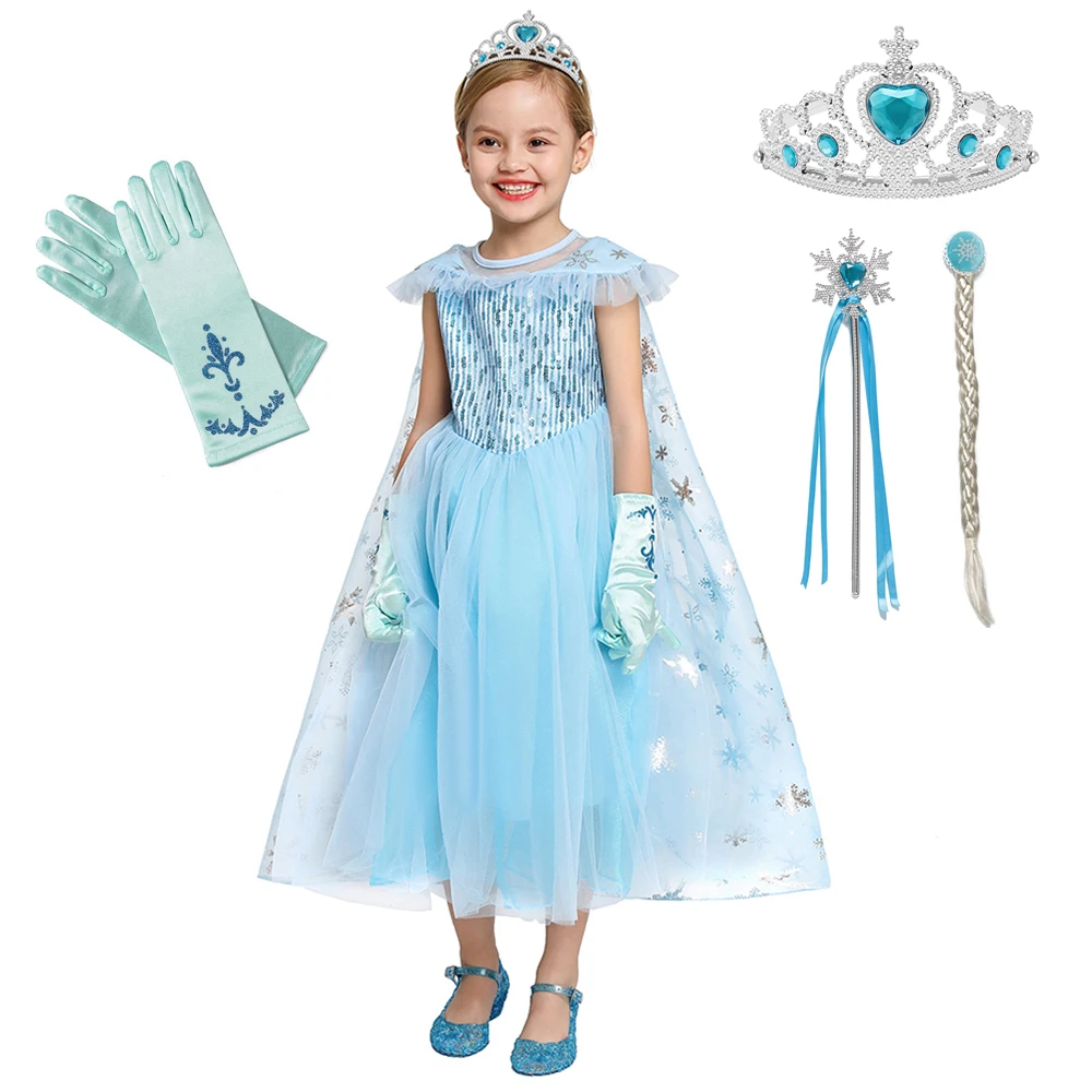 

Child Dress Light Blue Sleeveless Floral Mesh Dress Kids Christmas Party Cosplay Clothing Snow Queen Elsa Girl Dresses