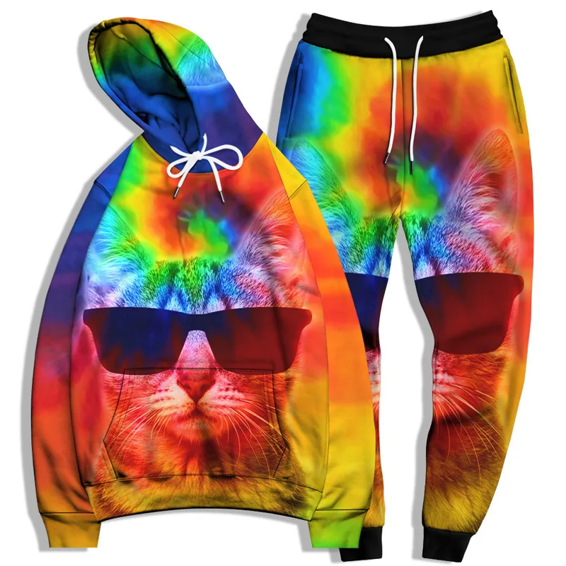 

Big Size Sweatshirt Cat Pattern Men Loose Casual Hoode Set Long-Sleeve Hoodie Trousers Pocket Drawstring Hip-Hop wear Sportswear