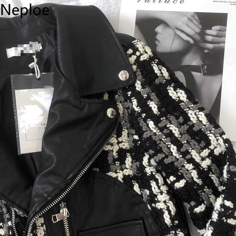 Neploe/осенне зимняя кожаная куртка в стиле пэчворк с отложным воротником и