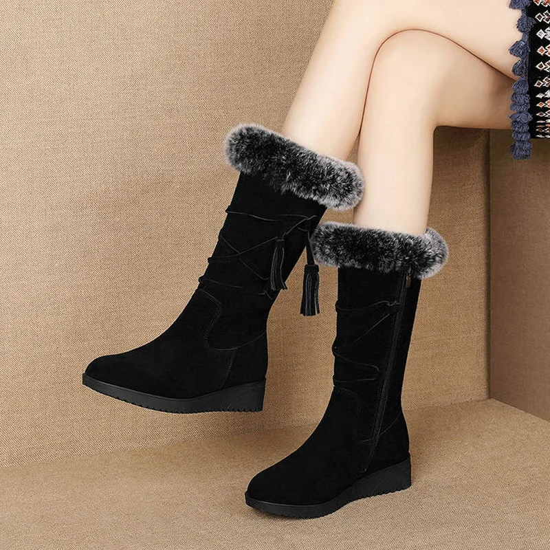 

FHANCHU 2021 Cony Hair Women Snow Boots,Wedges Plush Winter Shoes,Nubuck Flock,Round toe,Platforms Botas,Black,Brown,Dropship