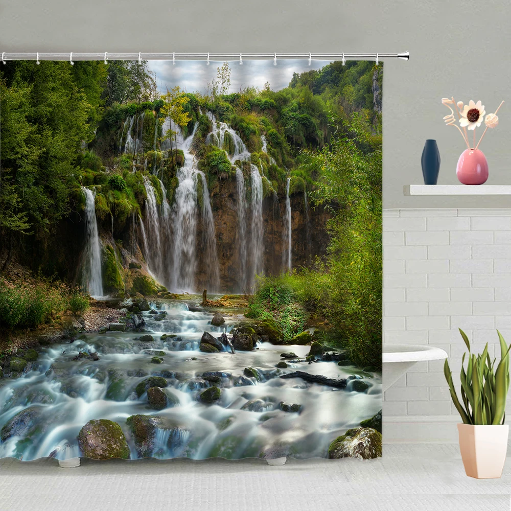 

Waterfall Landscape Shower Curtain Forest Tree Plants Autumn Natural Scenery Bathroom Bathing Curtains Waterproof With Hook Set