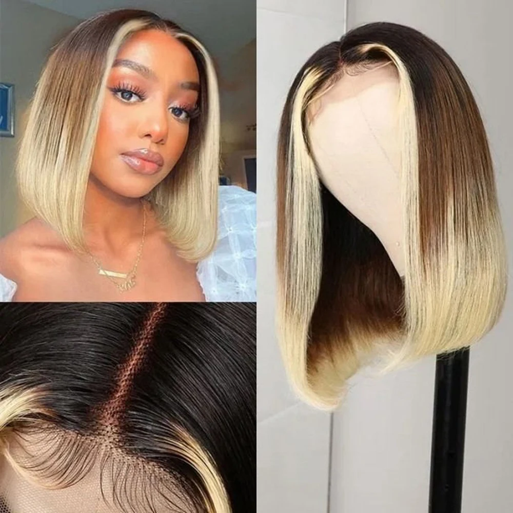 

13x4 Short BOB Lace Front Human Hair Wig Black Gradient Brown Gradient Blond 9A Brazilian Viking Hair Has Natural Hairline