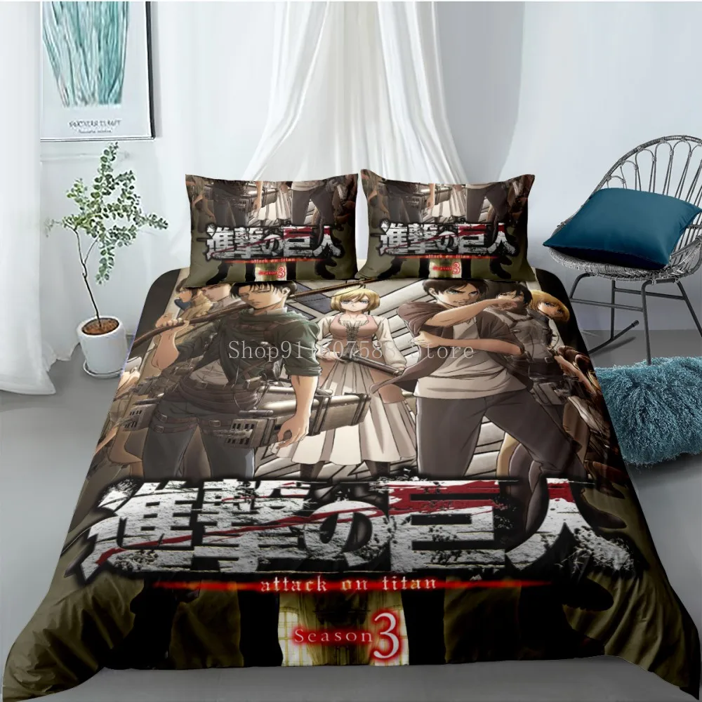 

New Anime 3D Attack On Titan Printed Bedding Set King Duvet Cover Pillow Case Comforter Cover Adult Kids Bedclothes Bed Linens