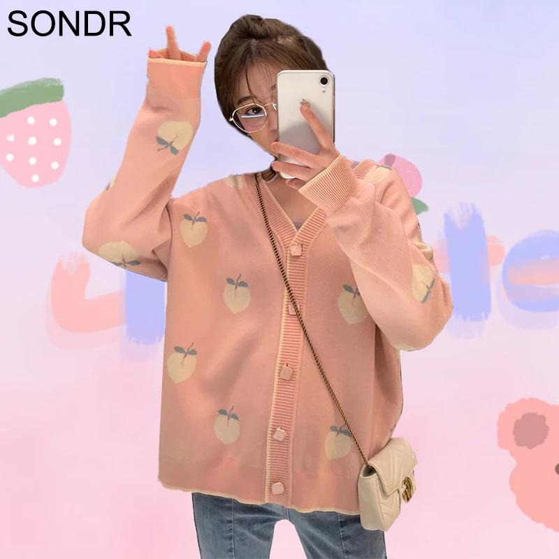 

Ladies Cardigan Sweater Autumn V-Neck Long Sleeve Loose Cute Peach Print Knit Outerwear Women College Style Sweet Sweater Coat