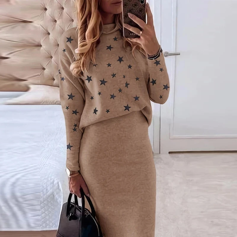 

Women's Knitted Sweater Skirt Two Piece Set Women Slim Fit Elegant Tops Female Sweater Skirts Office Lady Knitting Outfit C3264