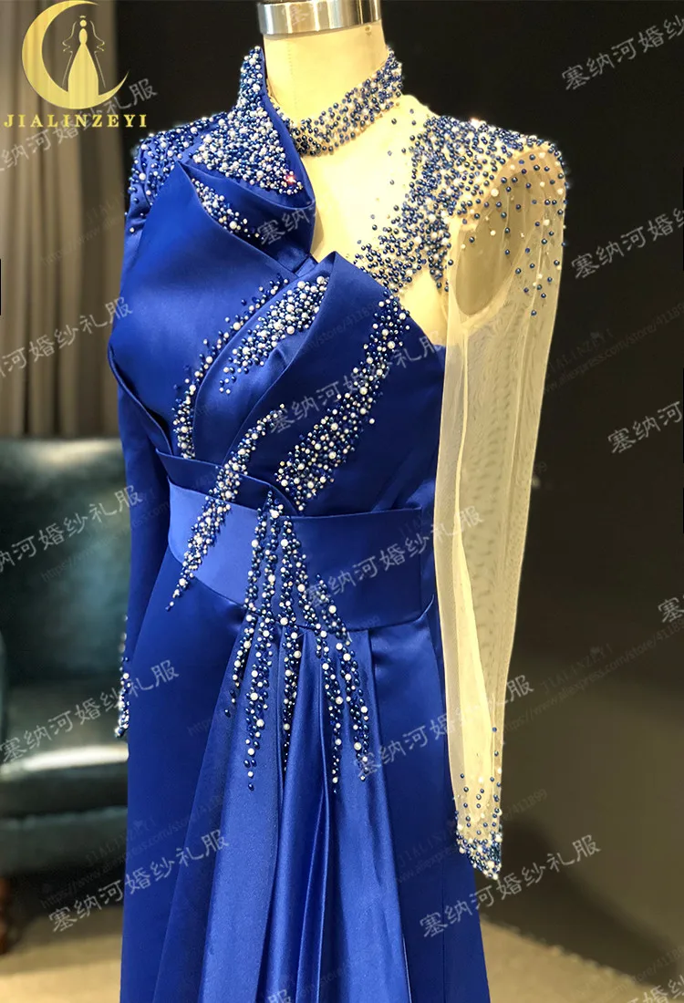 Rhine real Pictures Royal Blue long sleeves with Pearls Satin Mermaid Luxurious  evening dress long formal dresses
