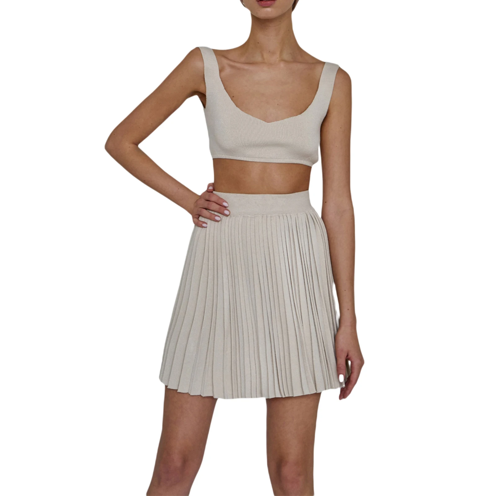 

Women Fashion 2-piece Outfit Set Sleeveless Tops Pleated Skirt Set for Ladies Female