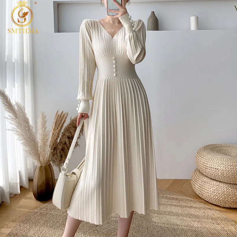 

SMTHMA New Autumn Winter Knit Long Dress Women Casual Sexy V-Neck Slim Sweater Dresses Robe Office Lady Clothing