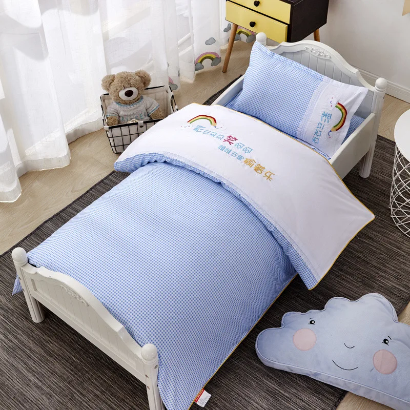 

Solid Color Embroidery Three-piece Suit Baby Bedding Set Kindergarten Children's Cartoon Pure Cotton Kid Present Without Inner