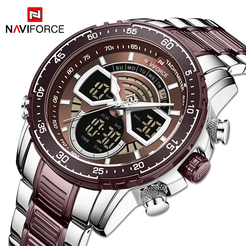 

New NAVIFORCE Brown Luminous Men's Watches Business Led Digital Quartz Waterproof Chronograph Multiple Time Zon Auto Date Clock